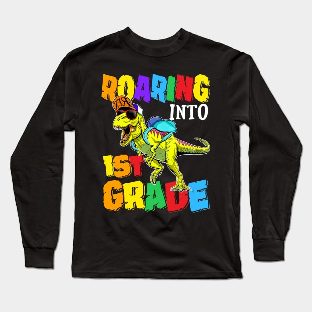 Roaring Into 1st Grade Dinosaur Back To School Long Sleeve T-Shirt by bunnierosoff21835